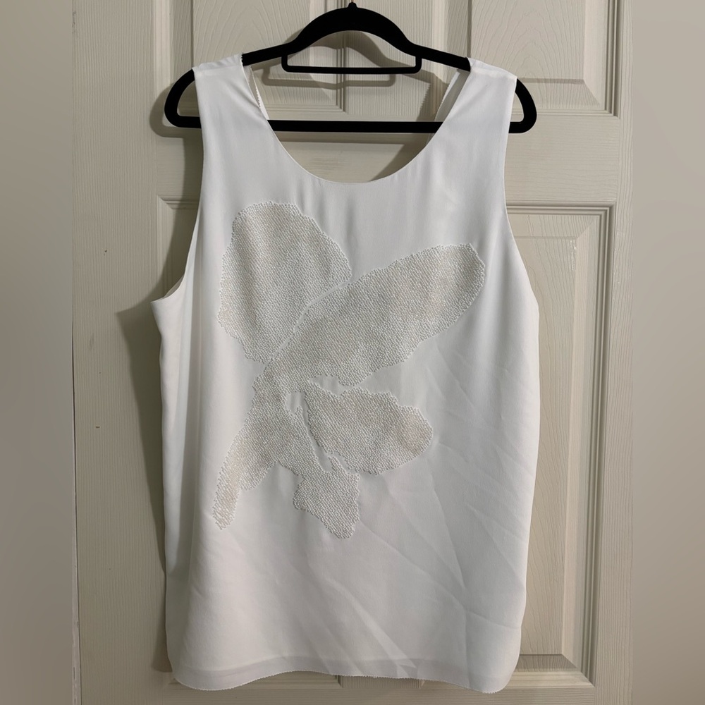 White House Black Market White Floral Beaded Lined Dress Tank Top